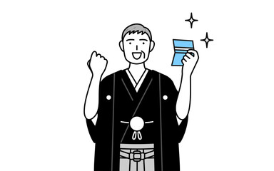 New Year's Day and weddings, Senior man wearing Hakama with crest who is pleased to see a bankbook.