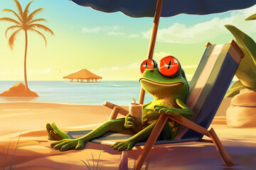 illustration of a cute frog on the beach - obrazy, fototapety, plakaty