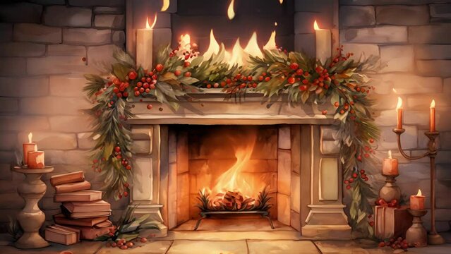 A closeup of a watercolor background with a warm and cozy fireplace adorned with holly and stockings, perfect for a peaceful evening by the hearth.