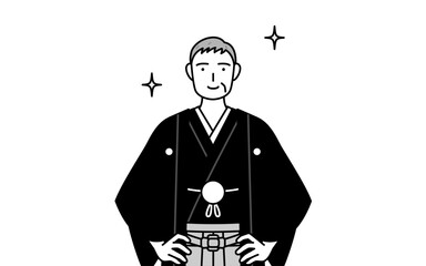New Year's Day and weddings, Senior man wearing Hakama with crest with his hands on his hips.
