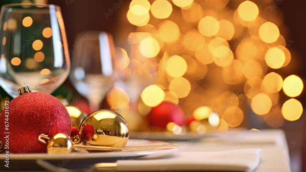 Poster closeup of a festive holiday table, set with sparkling bokeh lights in the background, adding a touc
