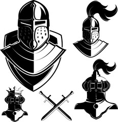 Set of knights helmets isolated on white background. Design elements for logo, label, emblem, sign, badge, brand mark.
