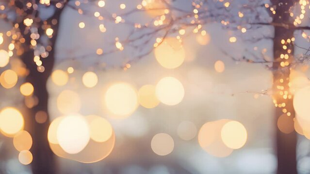 Blurred bokeh lights shining through winter branches, adding a magical touch to a snowy landscape.