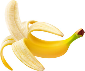 Realistic ripe banana whole fruit with open peel, its vibrant yellow skin and soft tangy flesh, promises sweet, creamy indulgence. Ready to be peeled and savored, a taste of tropical delight awaits