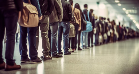 Big queue. Many, multitude people waiting in long line, back view. Crowd of tourists, refugees, men, women, children queuing. Migration concept waiting in line