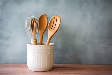 A ceramic utensil crock on a kitchen counter holds an assortment of wooden spoons and whisks - obrazy, fototapety, plakaty