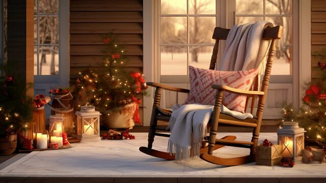 A wooden rocking chair on a front porch, dd with a cozy knitted blanket and surrounded by small potted Christmas trees.