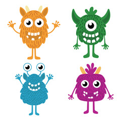 Set of cute fluffy monsters in cartoon style. Vector illustration of different funny colored monsters with teeth, horns, two-eyed and one-eyed isolated on white background. Monsters for Halloween.