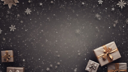 New Year banner with Christmas gift boxes and decorations on color background.