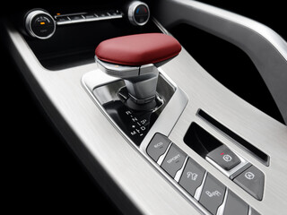 Automatic gear stick of a modern car. Modern car interior details. Close up view. Car inside....