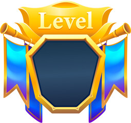 Game level badge for GUI interface golden banner with flags, vector icon. 2 level up badge with ribbon and golden crest for video game arcade next level achievement or gamer popup congrats