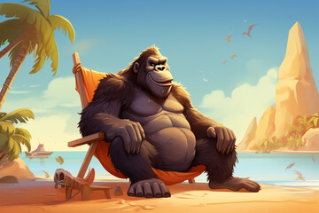 cartoon illustration of a cute gorilla on the beach - obrazy, fototapety, plakaty