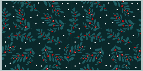 Elegant seamless pattern with winter plant dark green leaves and red berries.  - obrazy, fototapety, plakaty