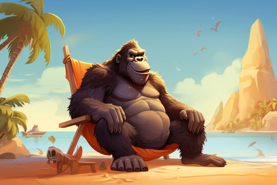 cartoon illustration of a cute gorilla on the beach