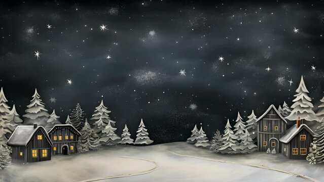 Closeup of a chalkboard showcasing a beautiful handdrawn winter wonderland, with a glistening snowcovered village, pine trees, and a starry sky.