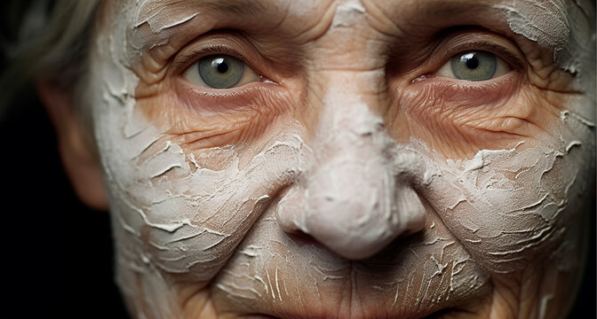Elderly portrait beautiful mature senior woman applying moisturizing face cream, overjoyed attractive middle aged female enjoying anti aging skincare procedure beauty face mask cream