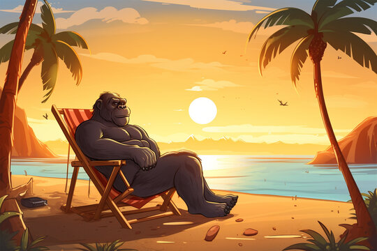 cartoon illustration of a cute gorilla on the beach