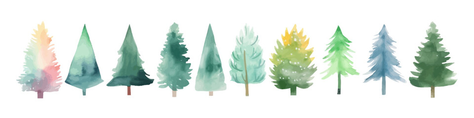 Watercolor christmas tree collection. Forest illustration element. Woodland pine trees.
