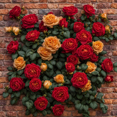 bunch of red and orange color roses grown on a brick wall