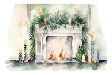 Watercolor christmas decorated fireplace. Holiday room. Home vector illustration.
