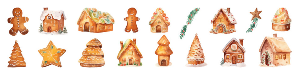 Christmas watercolor gingerbread. Gingerbread house. Winter vector illustration. Sweet cookie collection. 