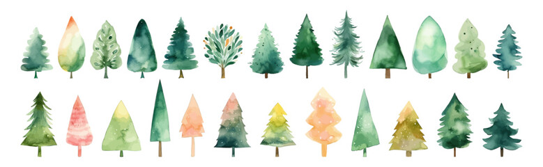 Watercolor christmas tree collection. Forest illustration element. Woodland pine trees. - obrazy, fototapety, plakaty