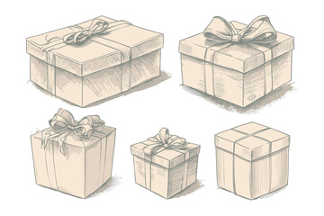 Gift boxes set. Vector hand drawn sketch illustration. Christmas collection. Birthday element.