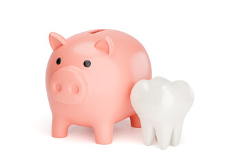 Piggy bank and tooth. Saving the budget for the dentist. isolated on white. 3d render