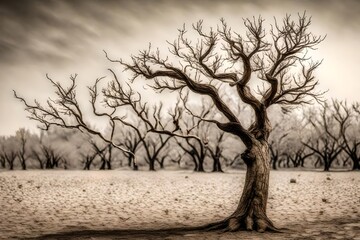 Barren land and dry trees view 