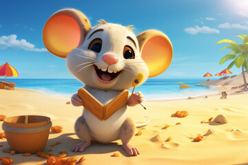 cartoon illustration of a cute mouse on the beach - obrazy, fototapety, plakaty