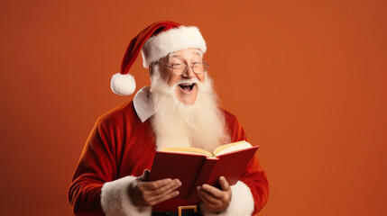 Portrait of his he attractive amazed stunned wondered fat white-haired Santa reading book education isolated over bright vivid color background