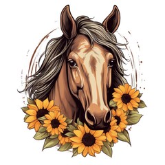 Majestic stallion in flower wreath, graceful equine beauty, horse portrait design, pony head profile, equestrian, hobby, invitation card, beautiful animal friend, generative AI, JPG