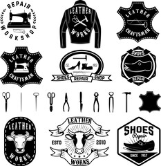 Set of repair workshop labels and design elements. Leather works, shoe repair,  apparel workshop. Design element for logo, label, emblem, sign, brand mark. Vector illustration.