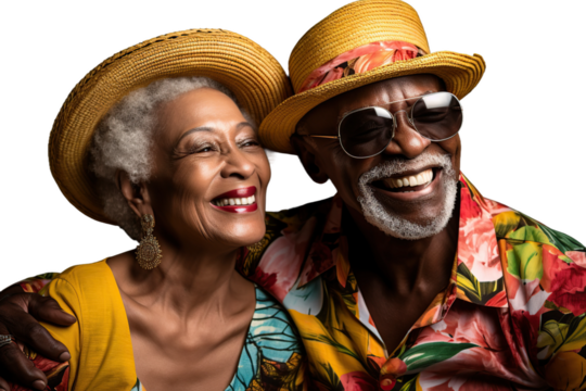 Afro senior couple in vacation clothes, isolated on white or transparent background. AI Generated.