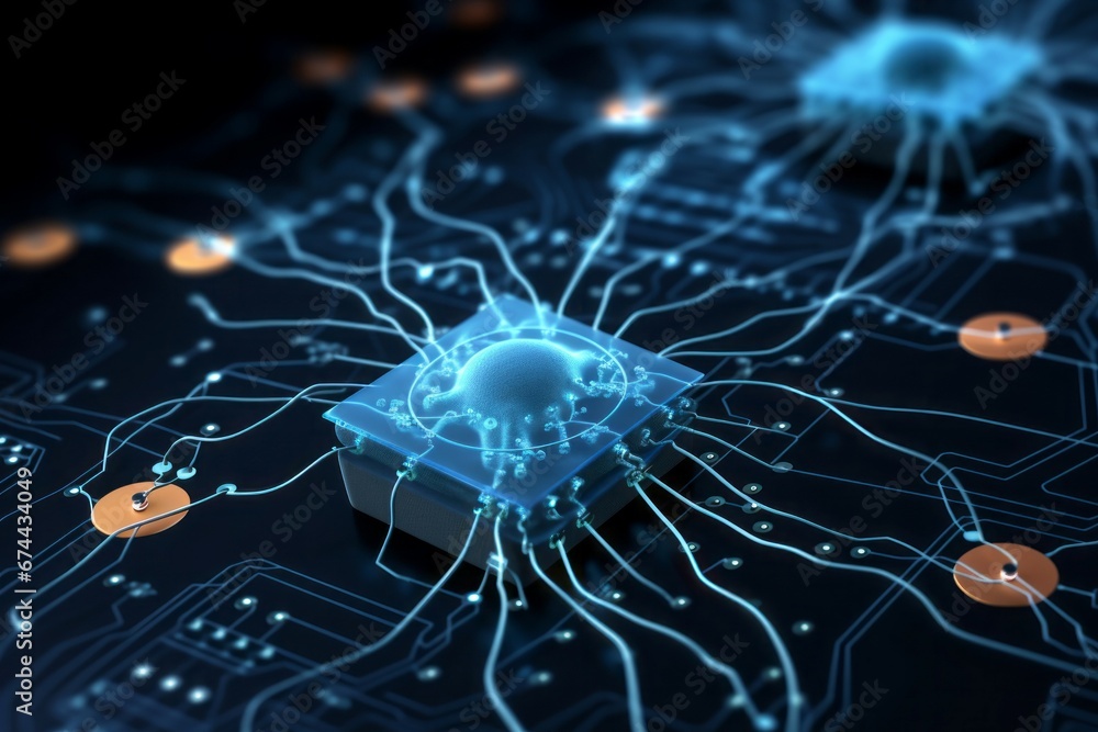 Poster single neuron synapses scheme board. network system cell science mind. generate ai