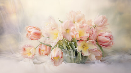 bouquet of pastel pink and yellow tulips in vase