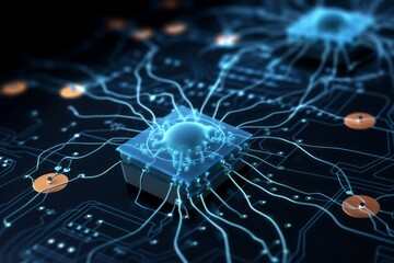 Single neuron synapses scheme board. Network system cell science mind. Generate Ai
