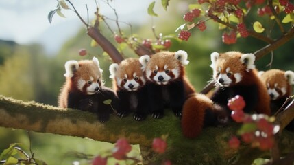 A Red Panda family perched on a branch, enjoying a bamboo feast.