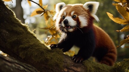 A Red Panda gracefully descending a tree with its fluffy tail extended.