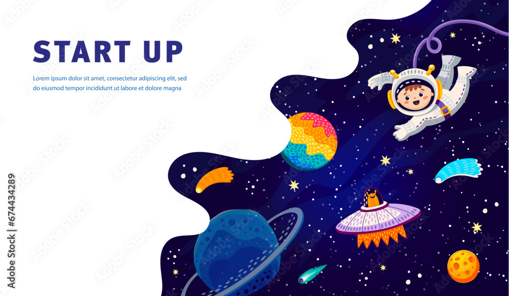 Poster Cartoon start up business poster. Astronaut in outer space. Startup launch banner, business project vector web page with kid astronaut funny character in outer space, alien on saucer, stars and planet
