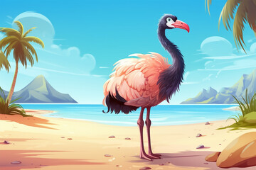 cartoon illustration of an ostrich on the beach