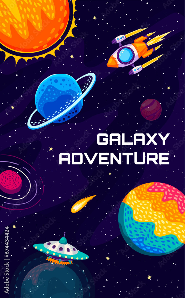 Poster galaxy adventure banner. flying spaceship and ufo between space planets, stars and comets. space adv