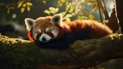 A Red Panda napping on a sunny, mossy tree branch, basking in the warm glow.