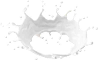 Milk cream or yogurt white liquid corona splash. Realistic swirl splash with splatters. Vector fluid dairy product with drops. Milky flow stream, fresh food, calcium production 3d element for ads