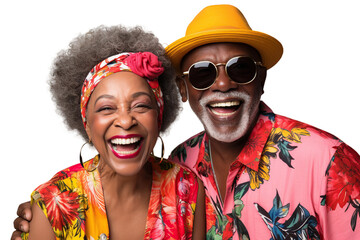 Afro senior couple in vacation clothes, isolated on white or transparent background. AI Generated.
