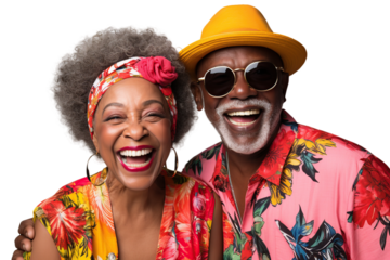 Afro senior couple in vacation clothes, isolated on white or transparent background. AI Generated.