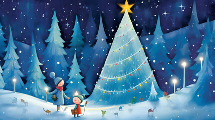 12月 冬 小雪舞う夜の雪道の大きなクリスマスツリーの横で立ち止まるママと子供のイラスト架空の動物たち
