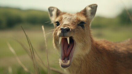 A close-up of a Chinese Water Deer's unique fangs as it pauses during its foraging.