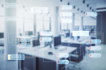 Double exposure of abstract programming language interface on modern corporate office background, research and development concept