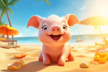 Tuinposter cartoon illustration of a cute pig on the beach © Yoshimura